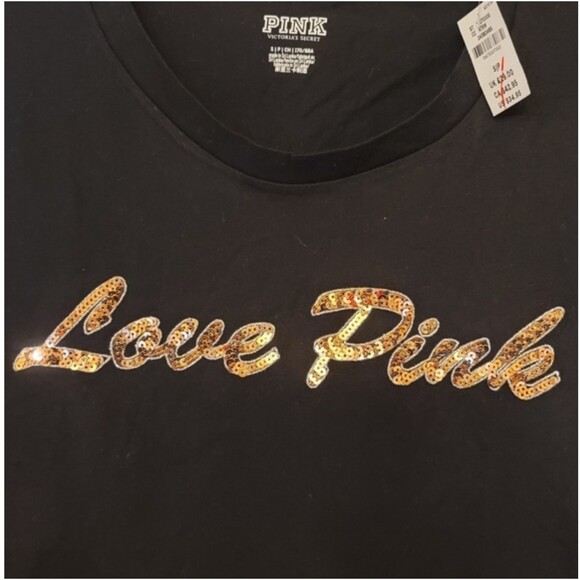 Black Sequined Script T-shirt PINK Victoria's Secret Small - Picture 4 of 4